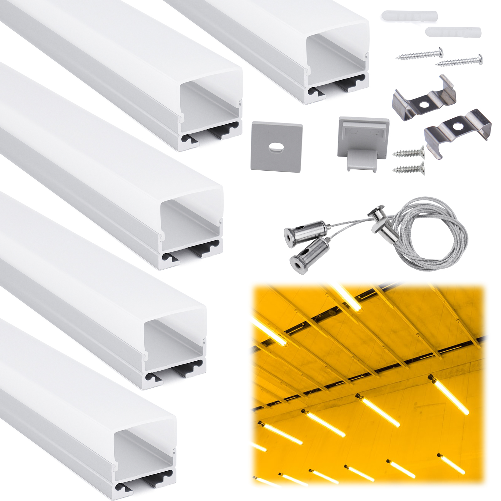 5 Pack 3.3ft LED Channel with Hanging Wire, Frosted Diffuser Cover | Muzata USA