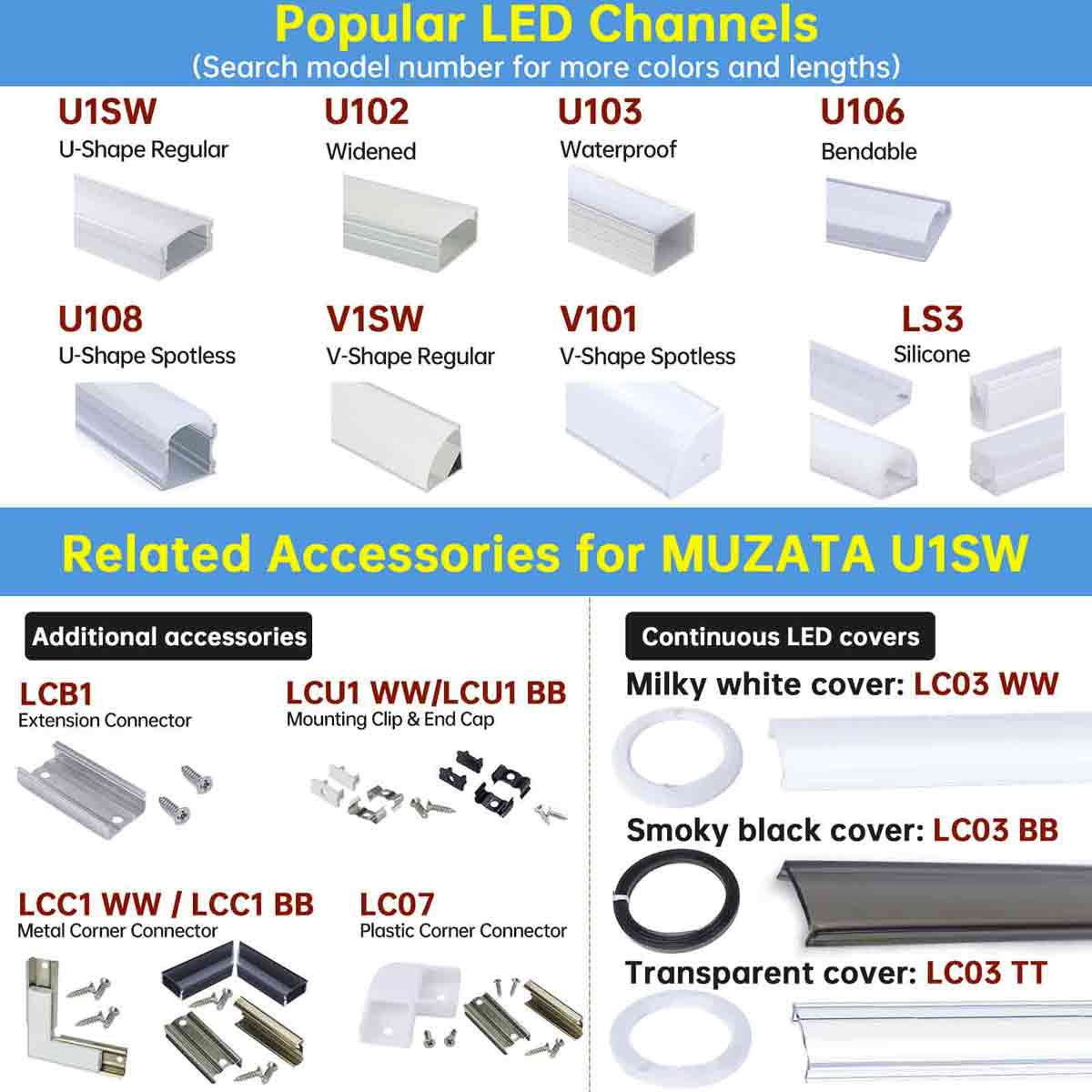 Muzata U-Shape LED Aluminum Channel System with Milky White Cover Lens U1SW WW