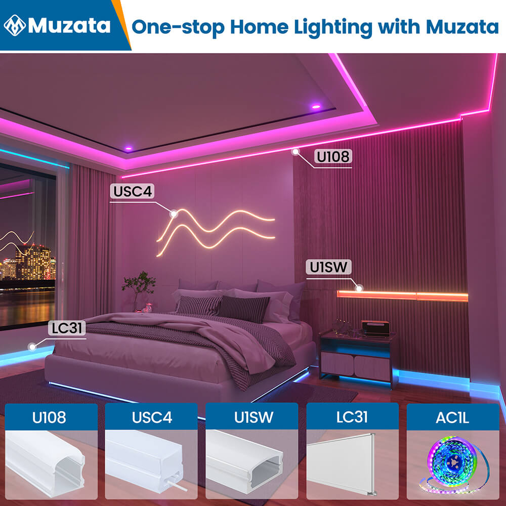 Muzata 17x20mm U-Shape Spotless White LED Aluminum Channel System with 60° Curved Thicker Milky White Neon Effect Cover Diffuser U108 HW