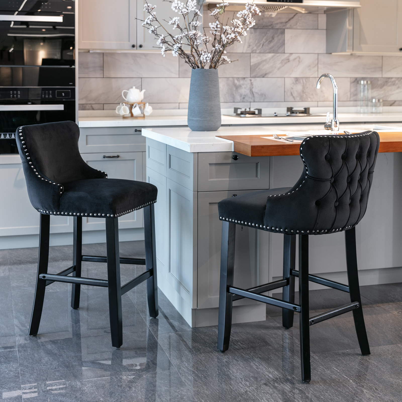 Contemporary Velvet Upholstered Wing-Back Barstools