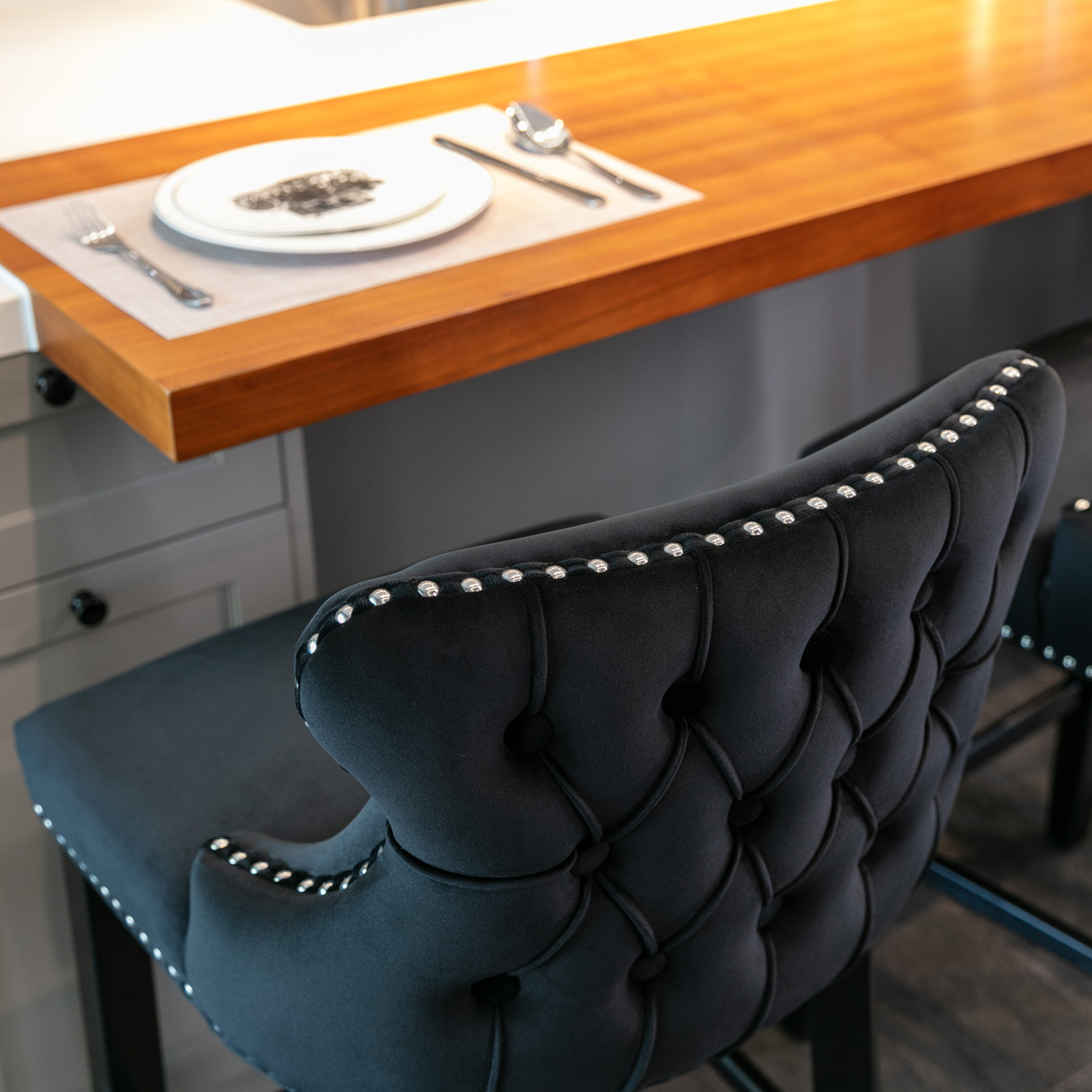 Contemporary Velvet Upholstered Wing-Back Barstools
