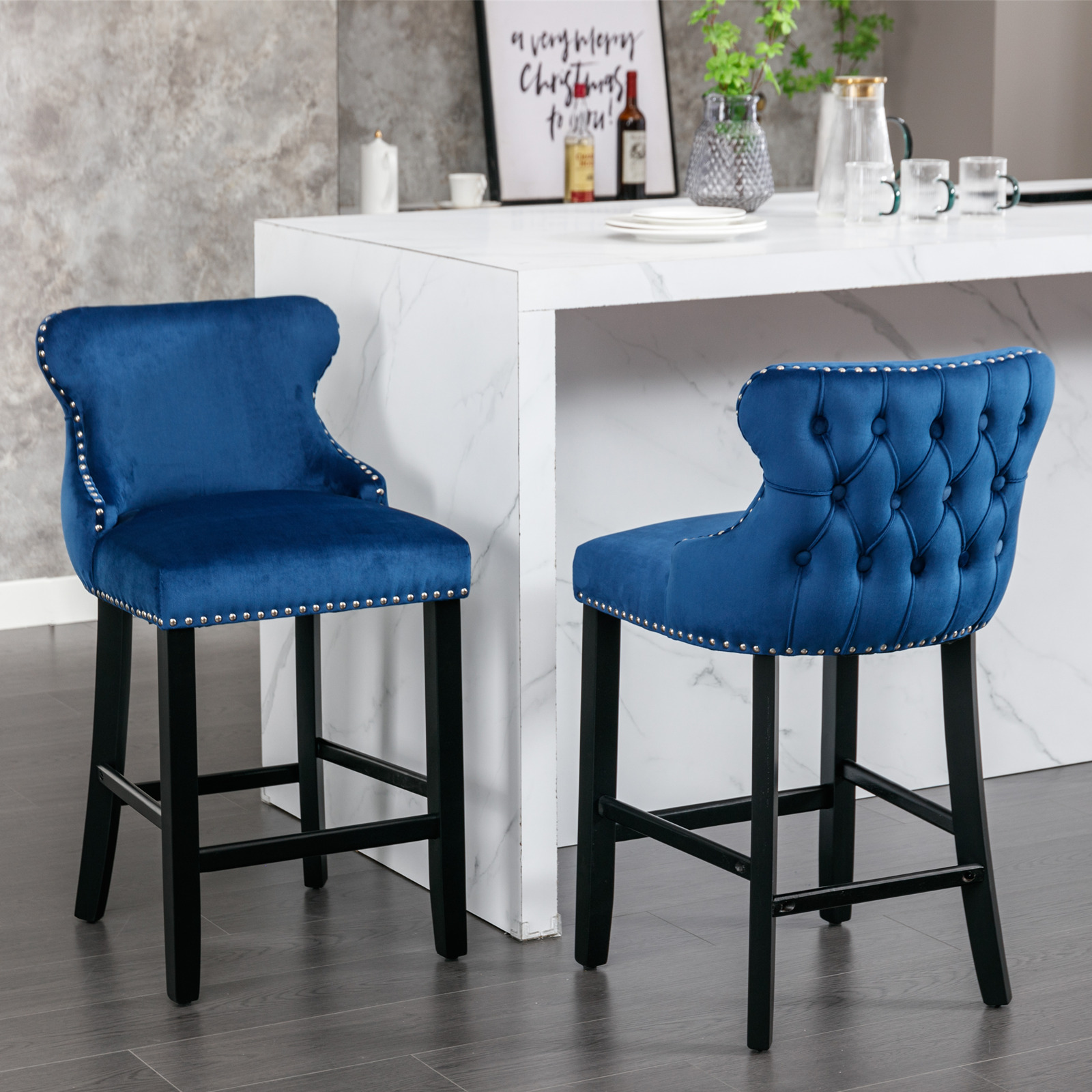 Contemporary Velvet Upholstered Wing-Back Barstools