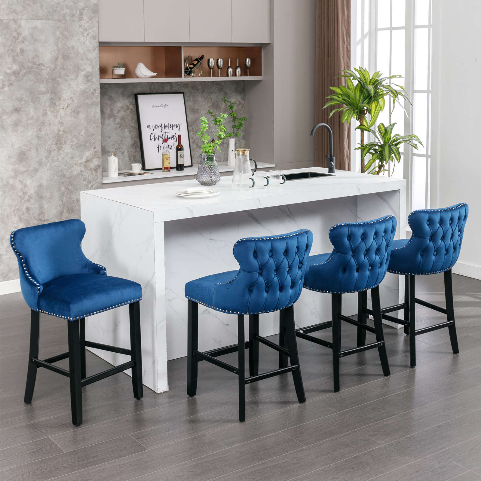 Contemporary Velvet Upholstered Wing-Back Barstools