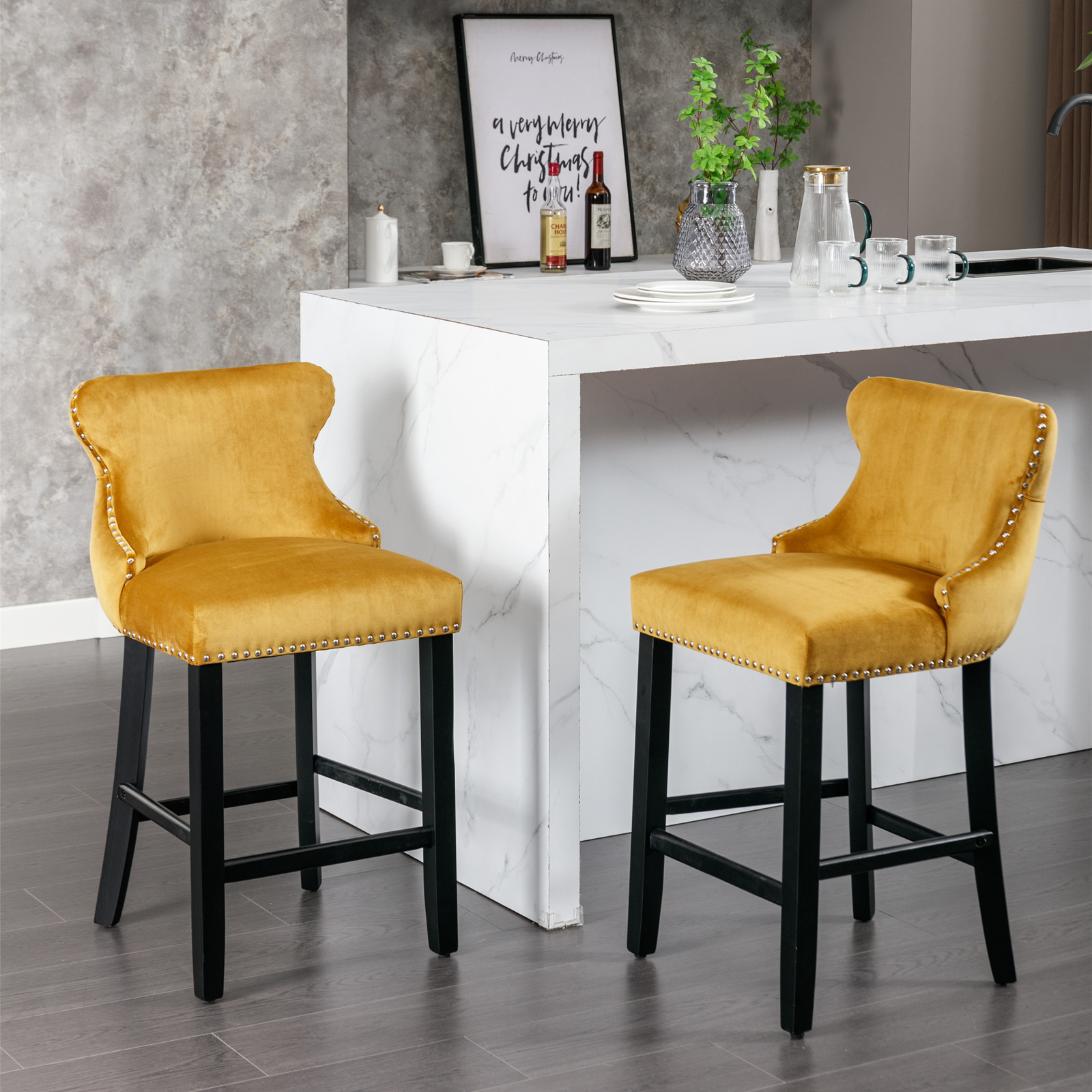 Contemporary Velvet Upholstered Wing-Back Barstools