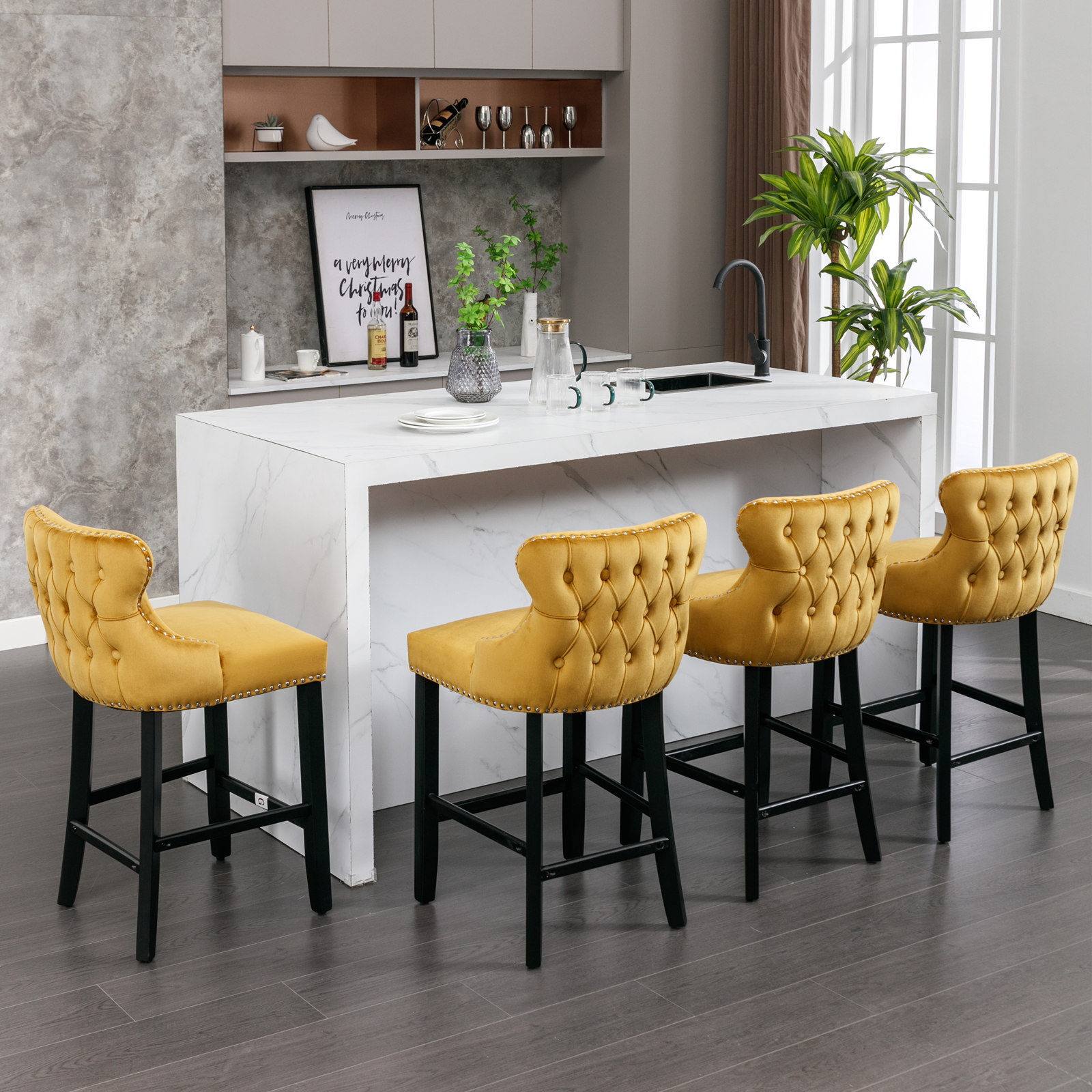 Contemporary Velvet Upholstered Wing-Back Barstools