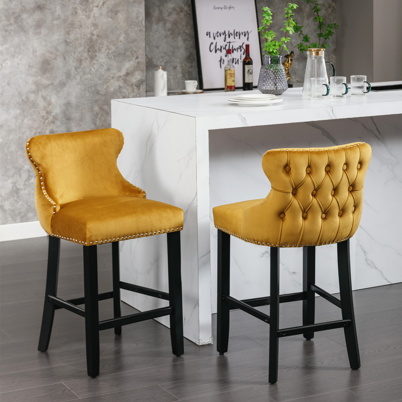 Contemporary Velvet Upholstered Wing-Back Barstools