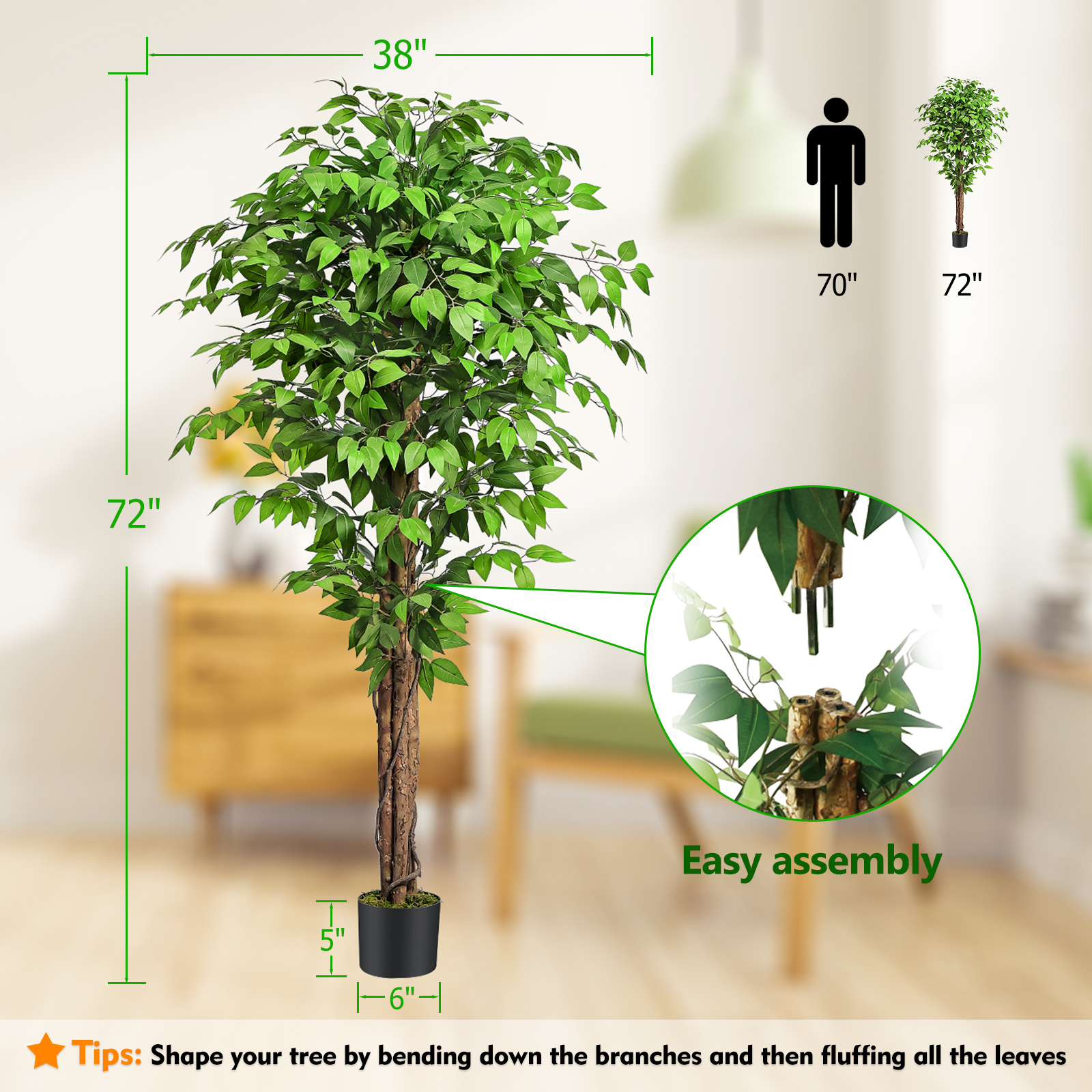 Keeplush 6.2ft Ficus Artificial Tree Plant Fake Tree Lush in Pot Tall
