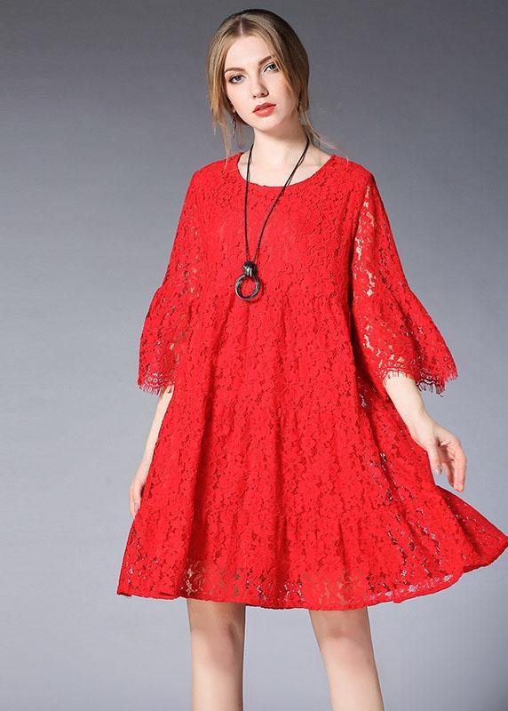 Loose Red Solid Wrinkled Spring Half Sleeve Dresses