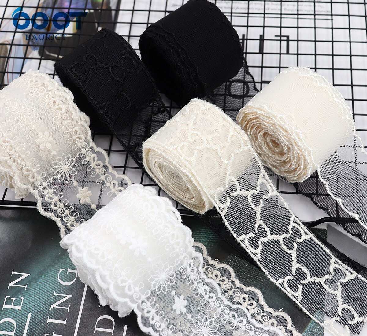 1Yards Mesh Embroidered Lace Ribbon-JournalTale