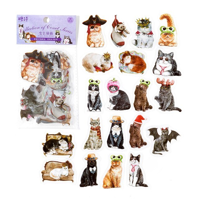 Cartoon cat stickers 40 Sheets Adhesive Stickers Collage-JournalTale