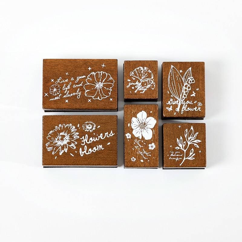6 Pcs Vintage Wooden Rubber Stamps Plant Flower Decorative-JournalTale