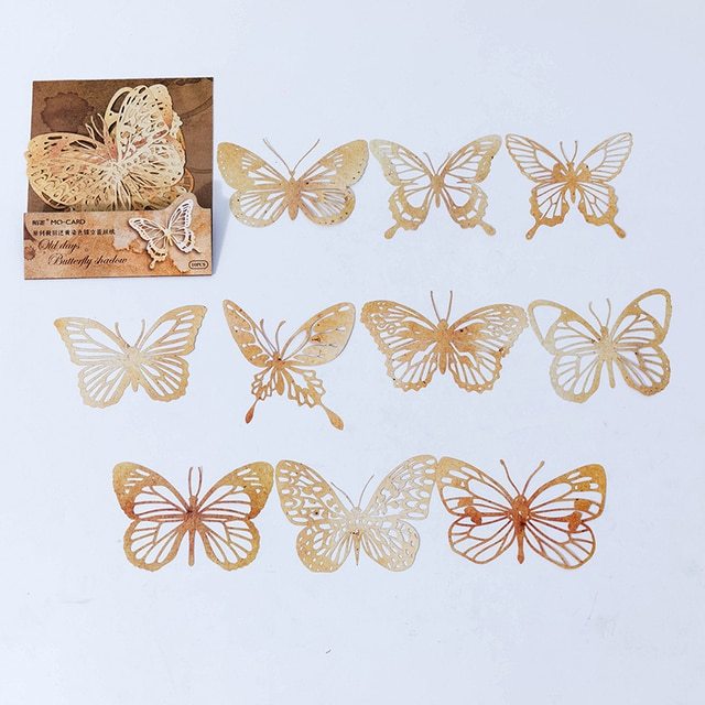10 Pcs Coffee Dyed Butterfly Vintage Lace Craft Paper-JournalTale