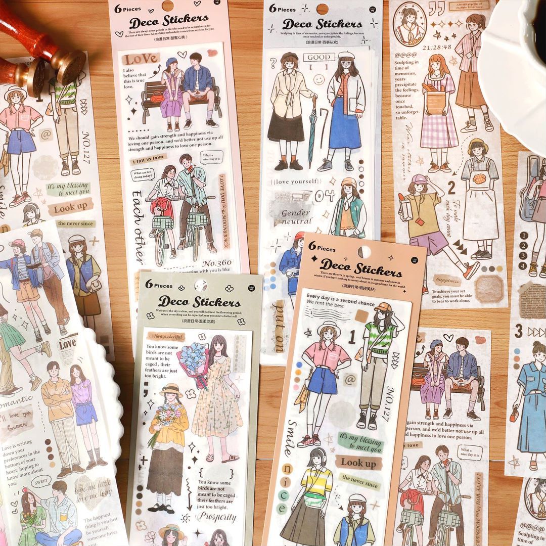 6 Sheets Romantic and Sweet Character Washi Stickers-JournalTale