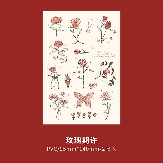 2 Sheets Vintage Rose Plants Illustration PVC Stickers Pack-JournalTale