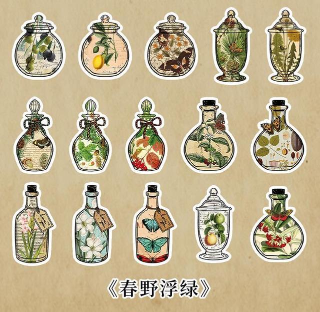 15 Pcs /pack Gothic Bottles Natural Flowers Butterfly Decoration Stickers-JournalTale