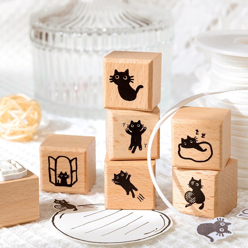 Wood Stamp Black Cat Wooden Rubber Stamps-JournalTale