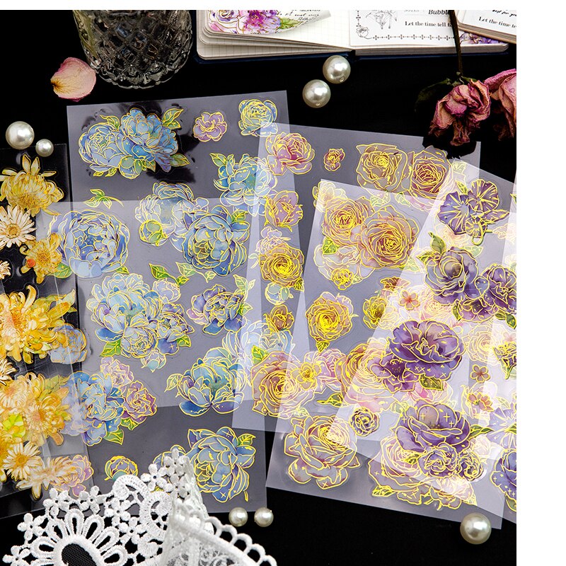 2 Sheets PET Bronzing Flowers Stickers Decorative-JournalTale