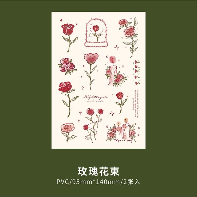 2 Sheets Vintage Rose Plants Illustration PVC Stickers Pack-JournalTale