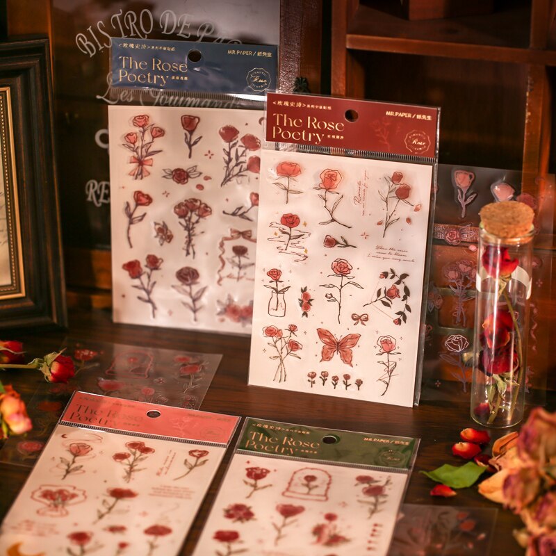 2 Sheets Vintage Rose Plants Illustration PVC Stickers Pack-JournalTale