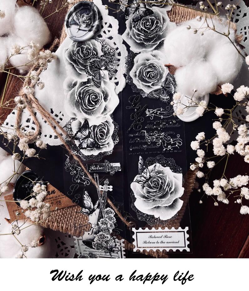 5cmx5M Black & White Elegant Rose PET Tapes-JournalTale