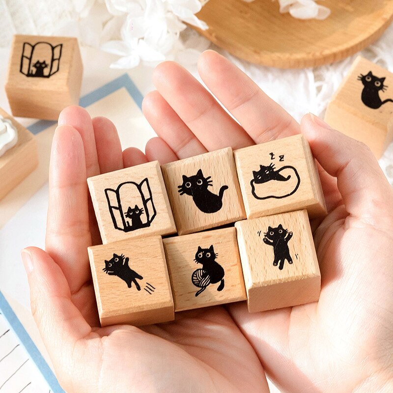 Wood Stamp Black Cat Wooden Rubber Stamps-JournalTale