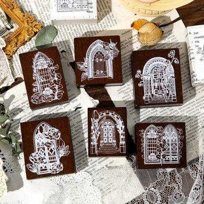 Window with Flower Vintage Stamps Baroque Wooden Rubber-JournalTale