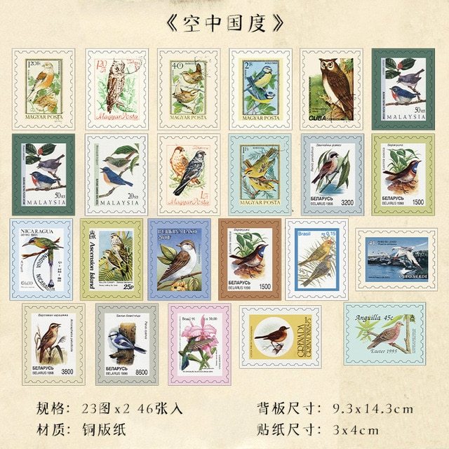 46 Pcs Vintage Flower Bird Washi Stickers Plant Decals Stamp-JournalTale