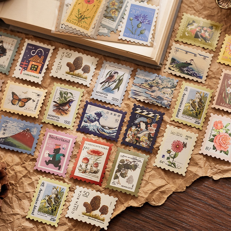 46 Pcs Vintage Flower Bird Washi Stickers Plant Decals Stamp-JournalTale
