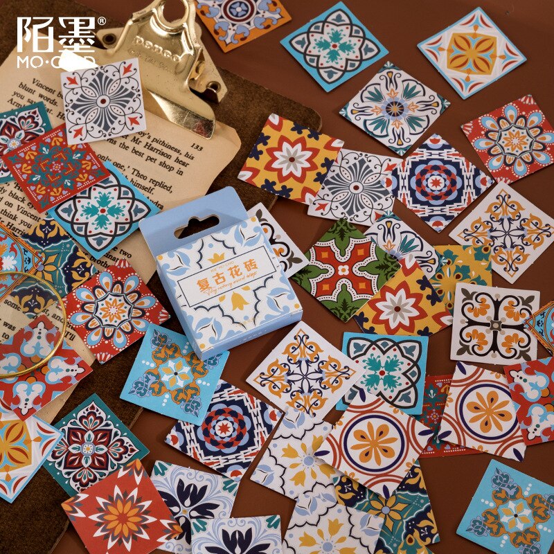46 Pcs Diy Retro Papers Vintage Geometric Pattern Stickers-JournalTale