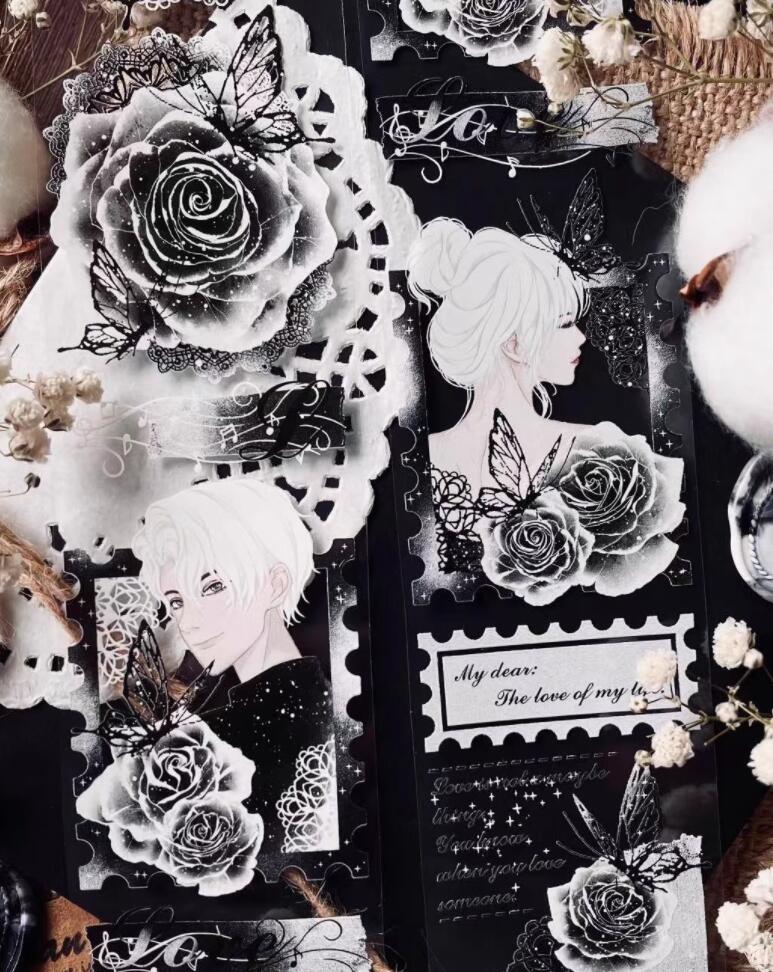 5cmx5M Black & White Elegant Rose PET Tapes-JournalTale