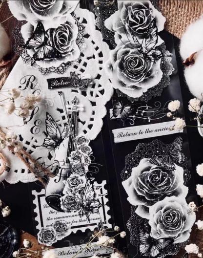 5cmx5M Black & White Elegant Rose PET Tapes-JournalTale