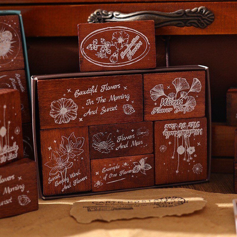 6 Pcs Wooden Rubber Stamp Set Flowers Planet Postmark Stamps-JournalTale