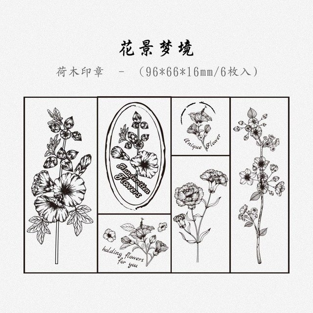 6 Pcs Wooden Rubber Stamp Set Flowers Planet Postmark Stamps-JournalTale