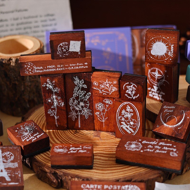 6 Pcs Wooden Rubber Stamp Set Flowers Planet Postmark Stamps-JournalTale