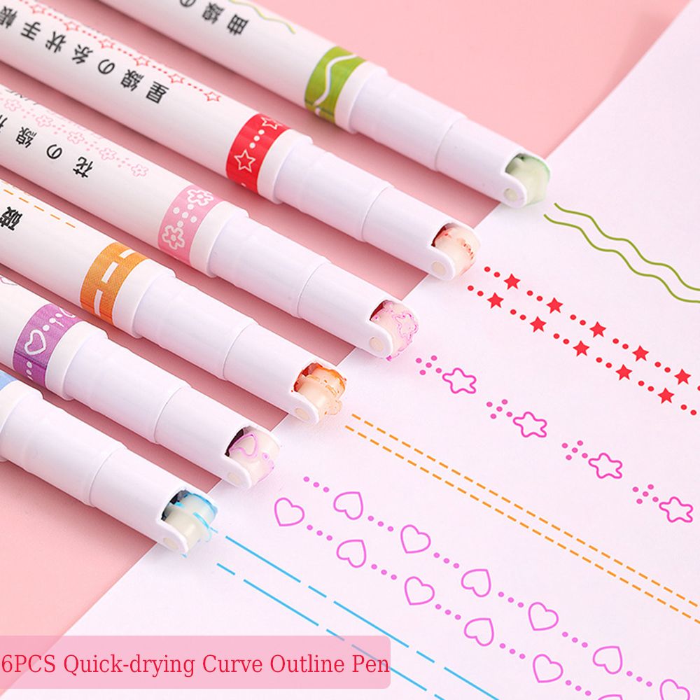 6Pcs Curve Highlighter Pen Flower-shaped Curve Line-JournalTale
