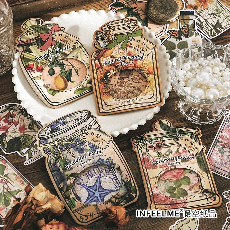 15 Pcs /pack Gothic Bottles Natural Flowers Butterfly Decoration Stickers-JournalTale