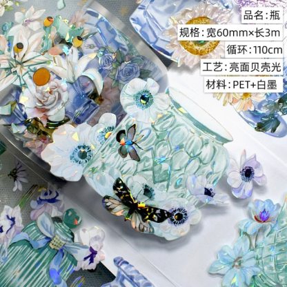 1Roll 2m Blue Flower Washi PET Tape Planner Laser Tape-JournalTale