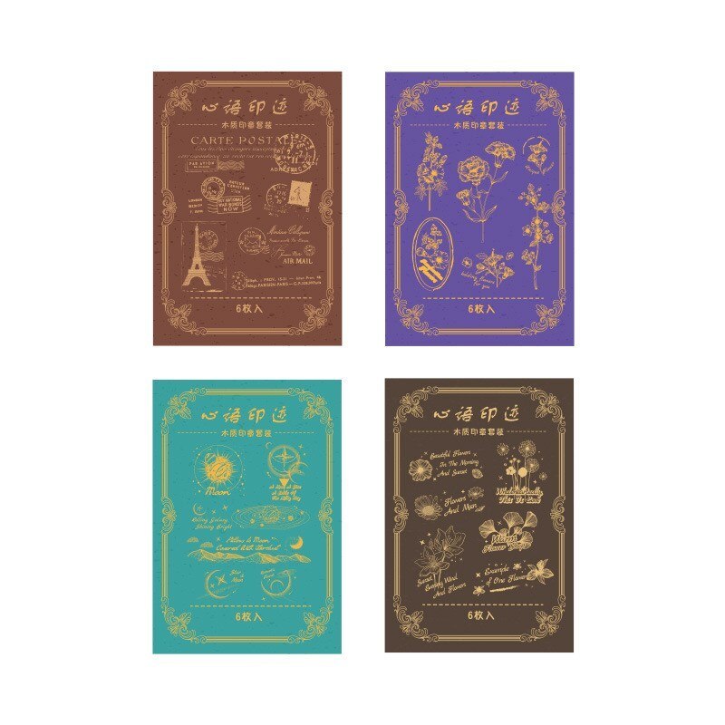 6 Pcs Wooden Rubber Stamp Set Flowers Planet Postmark Stamps-JournalTale