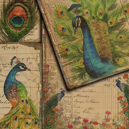 4Sheets Peacock Plant Junk Journal Material Paper-JournalTale