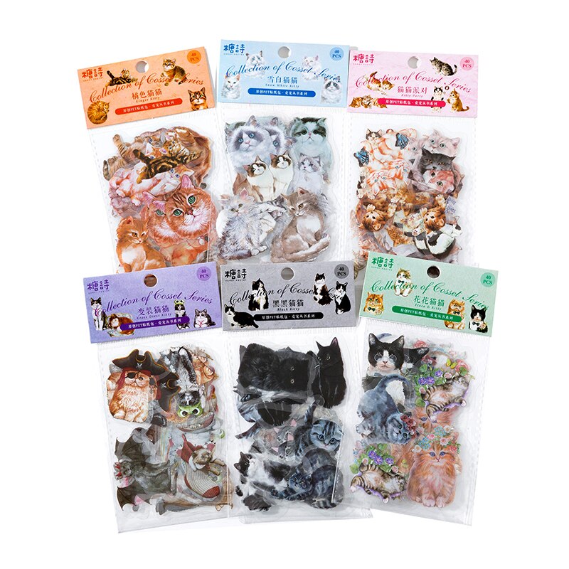 Cartoon cat stickers 40 Sheets Adhesive Stickers Collage-JournalTale
