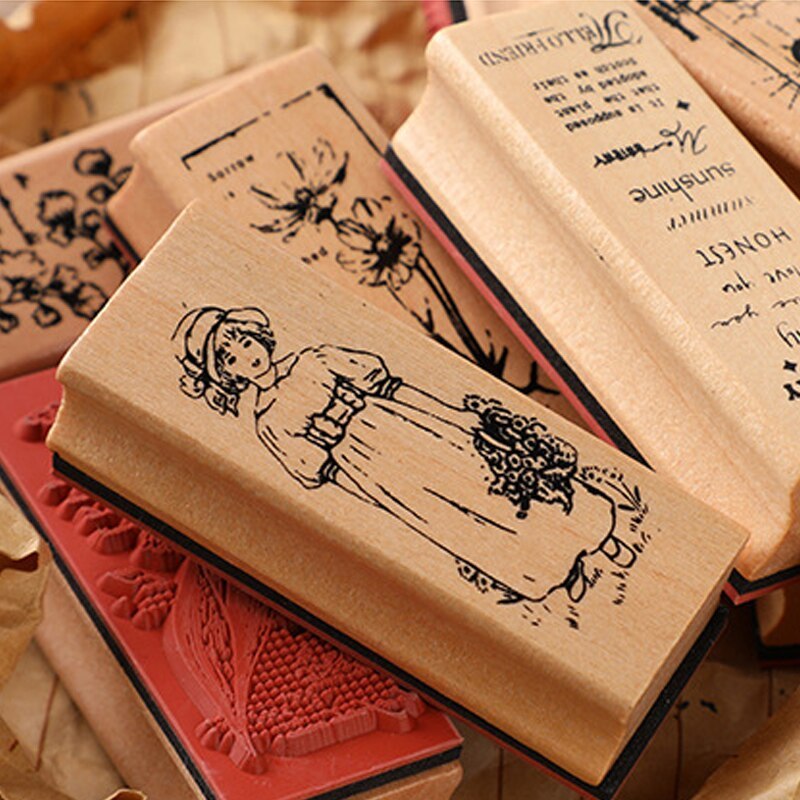 Vintage Flower girl Book Decoration stamp plant grass wooden-JournalTale