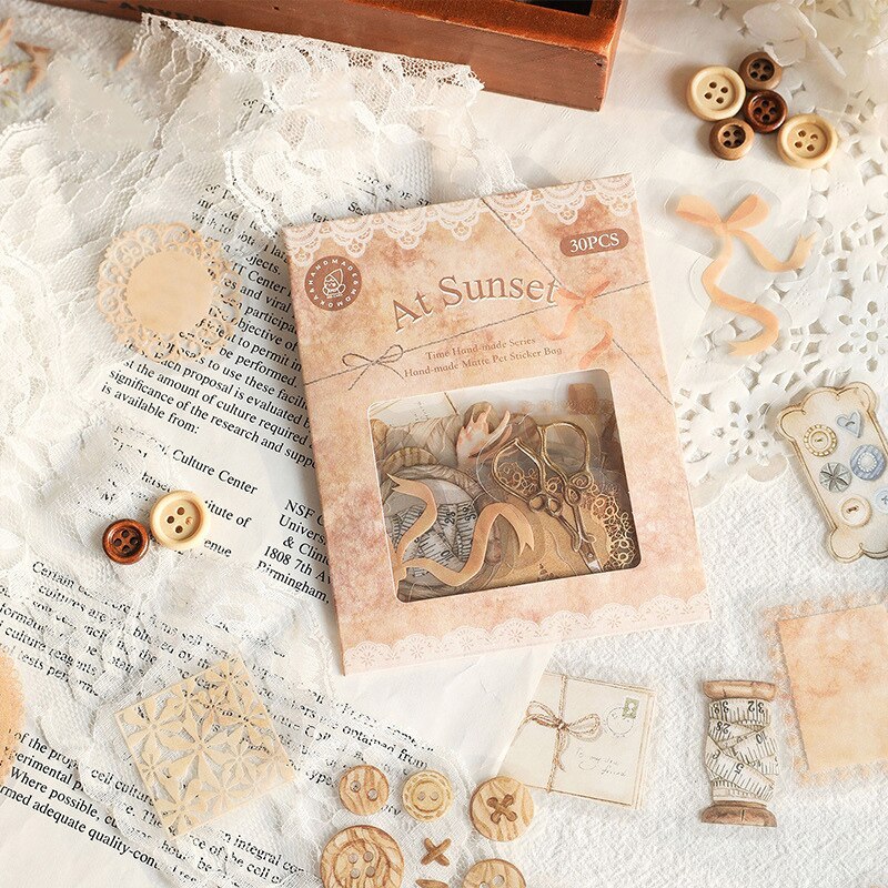 30 Sheets Time Handmade Series Vintage PET White Ink Sticker-JournalTale
