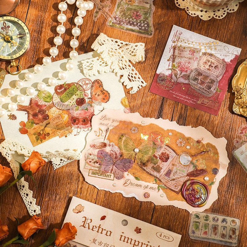 4pcs/pack PET Aesthetics Stickers Vintage Scrapbooking Materials-JournalTale