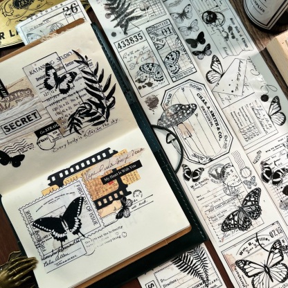 Retro washi tape pet sticker black and white bottoming plant tape-JournalTale