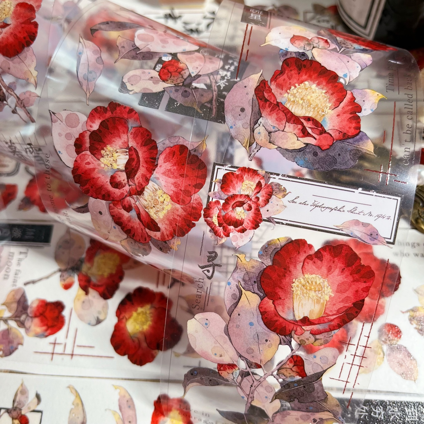 Vintage Floral Camellia and Paper Pet Tape-JournalTale