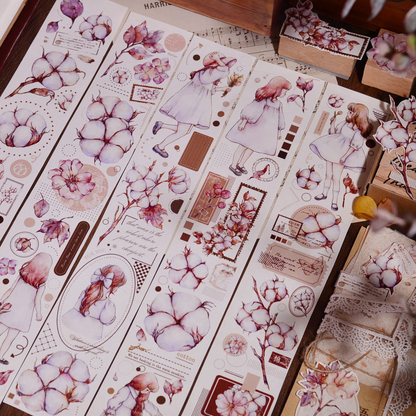45mm Cotton Vintage Fresh Floral Washi PET Handbook Tape 6M roll-JournalTale