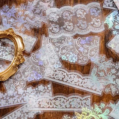 Lace hot laser silver sticker decoration-JournalTale