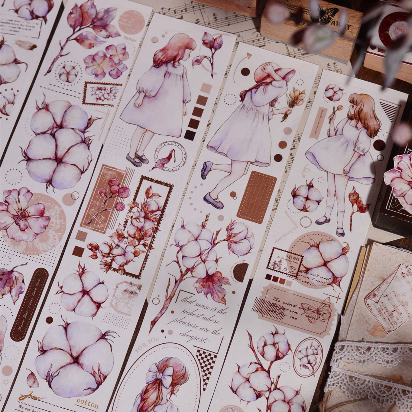 45mm Cotton Vintage Fresh Floral Washi PET Handbook Tape 6M roll-JournalTale