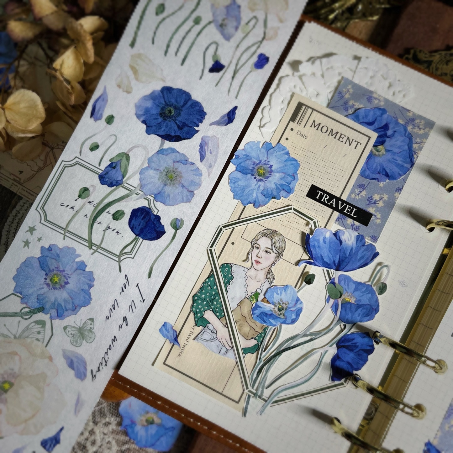 Vintage blue flower washi tape-JournalTale