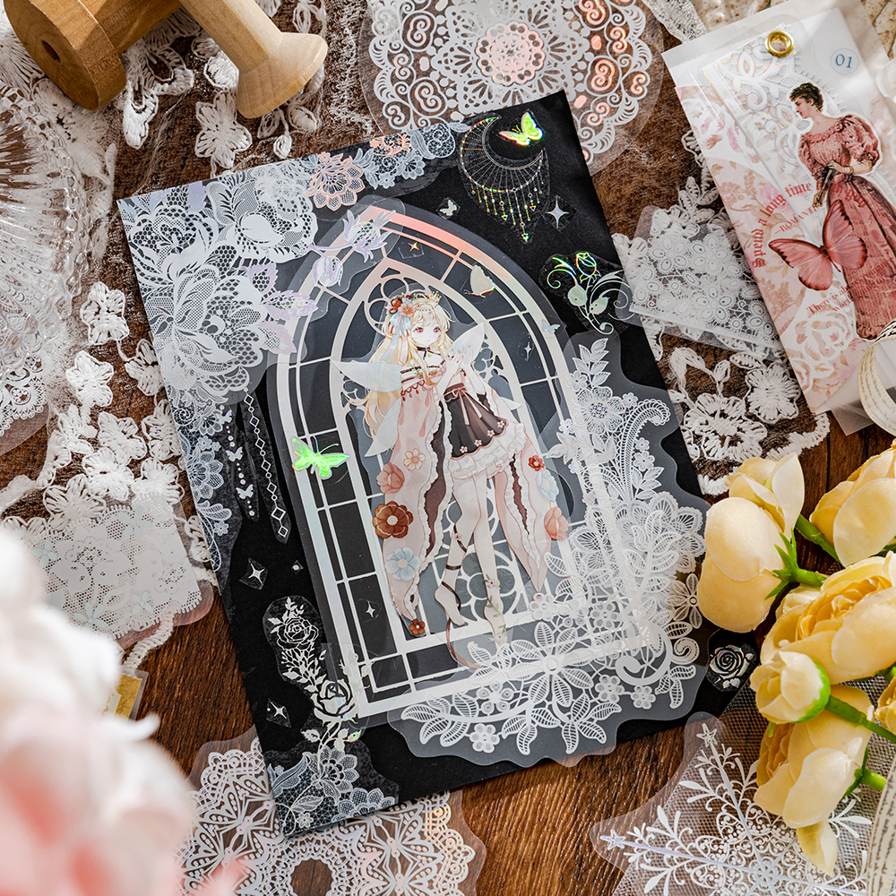 Lace hot laser silver sticker decoration-JournalTale
